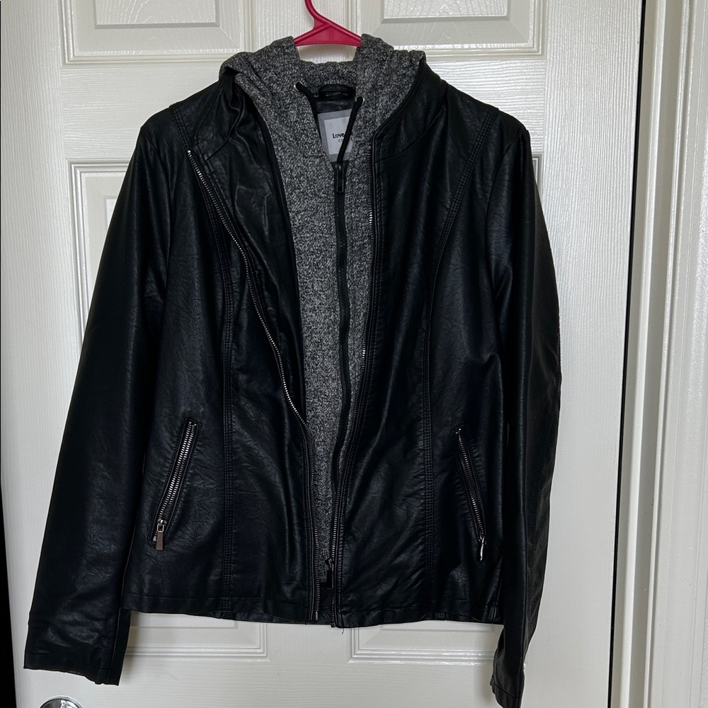 Women’s Black Leather Jacket with Gray Hoodie